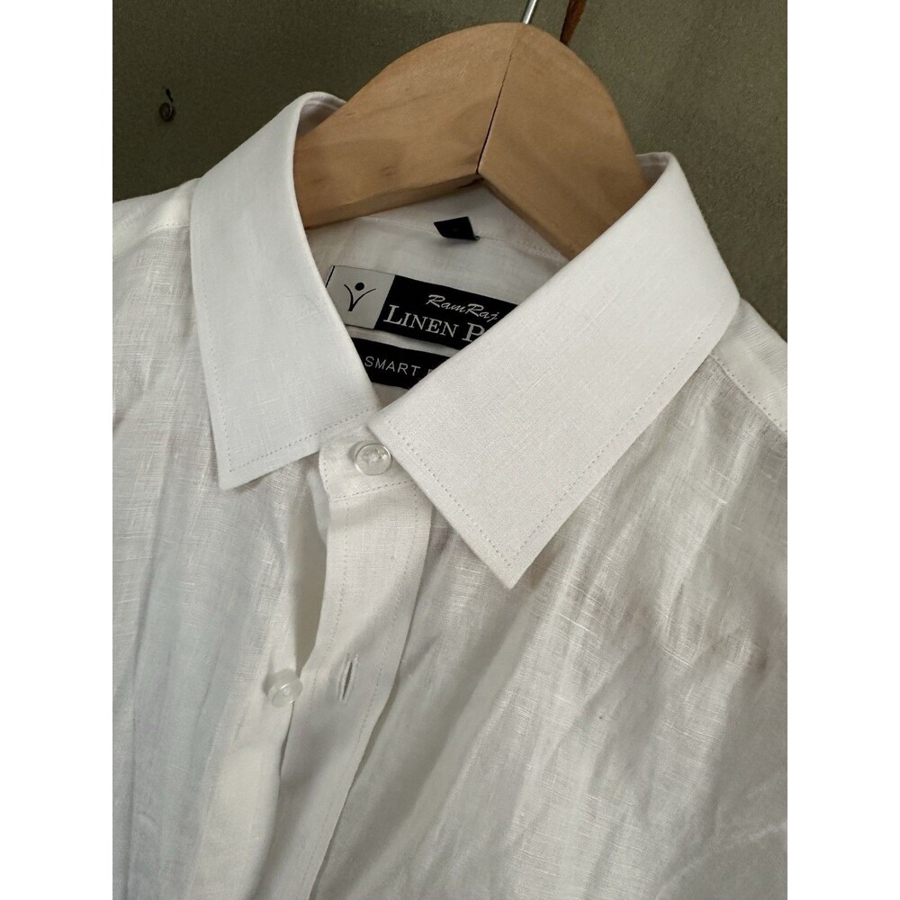 Ram Raj Linen Park Shirt Mens Size 38 Smart Fit White Button Up long Sleeve